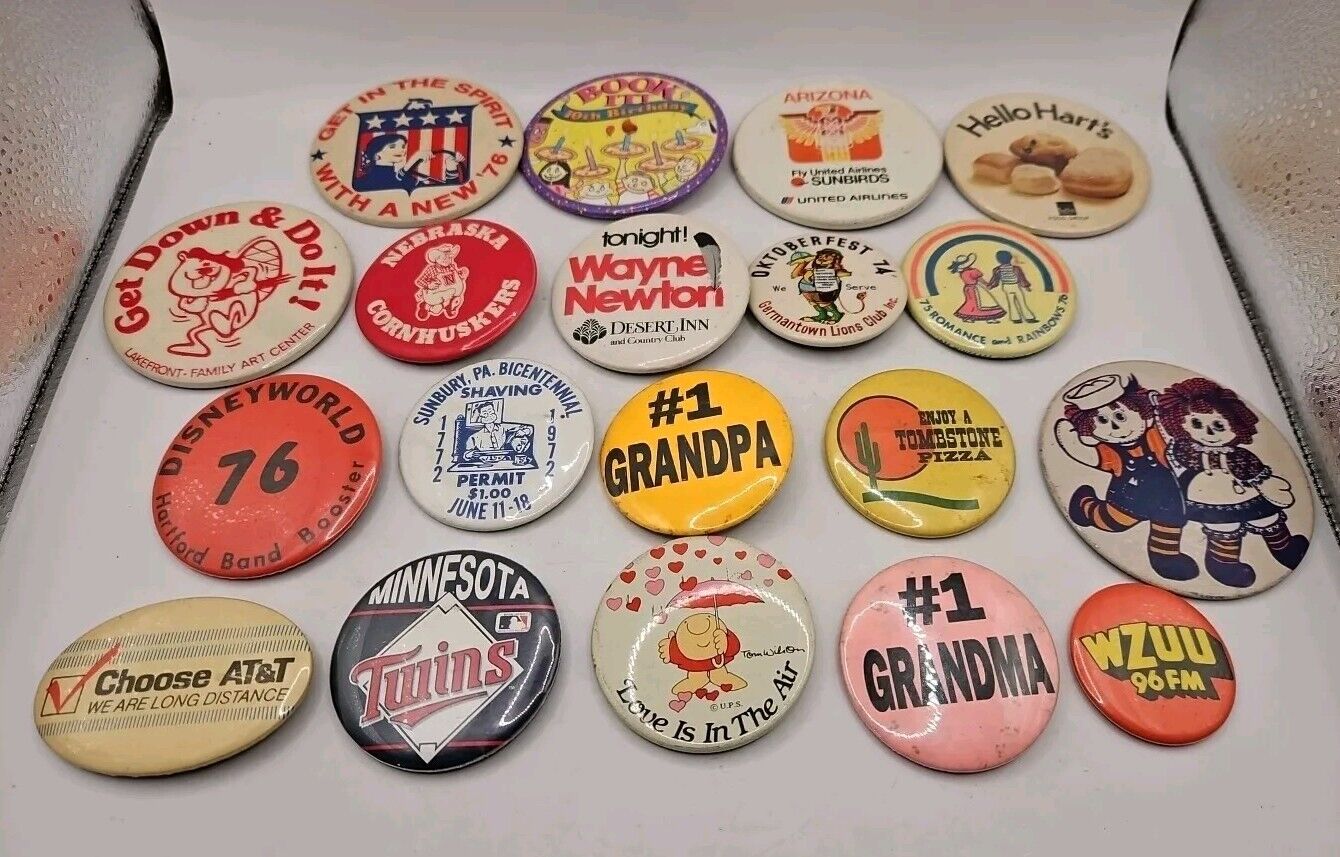 Vtg Lot 19 PIN BACK BUTTONs Collectible Pinback Hart's Att Ziggy Tombstone Pizza