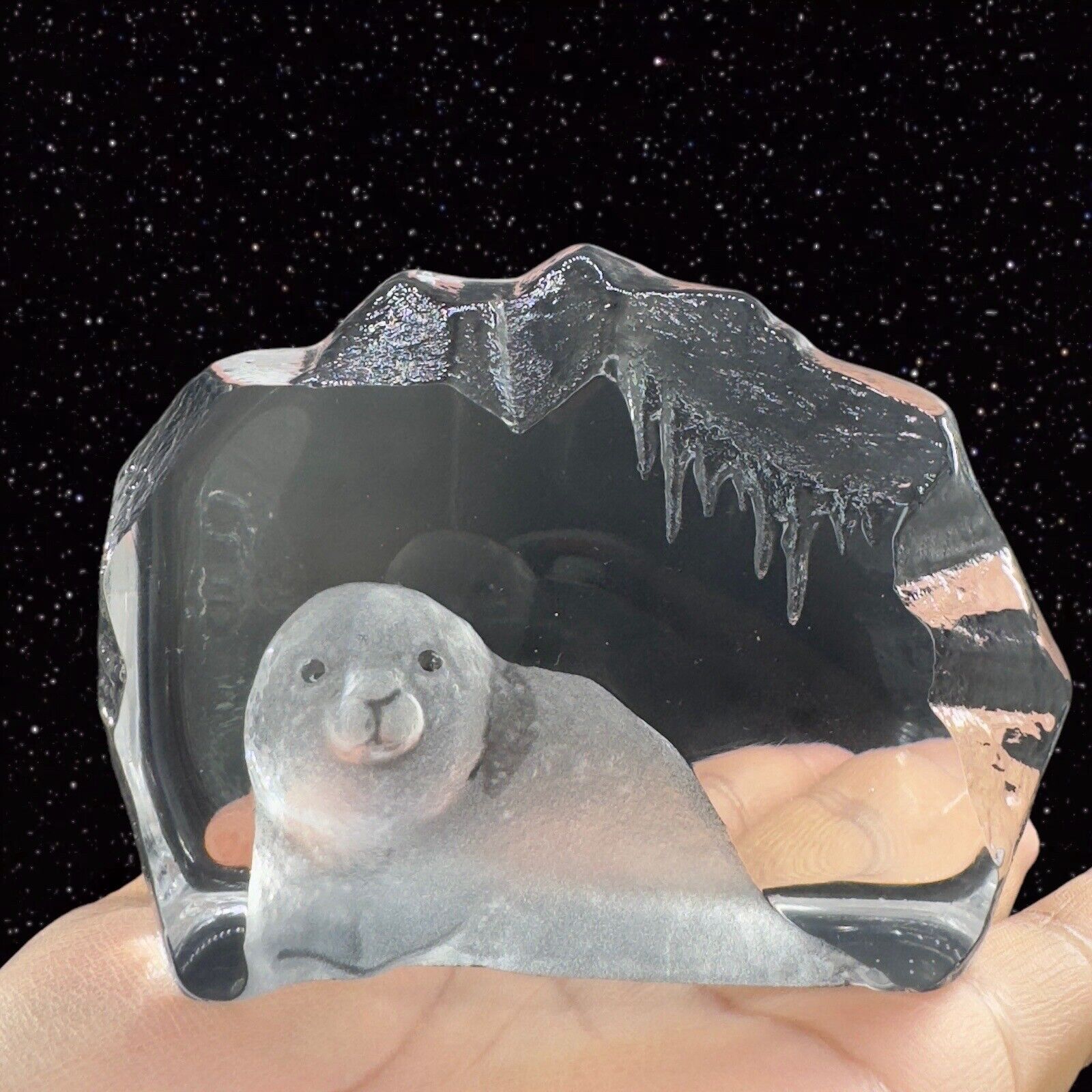 Mats Jonasson Scandinavian Art Glass Crystal Baby Seal Pup Paperweight Clear VTG