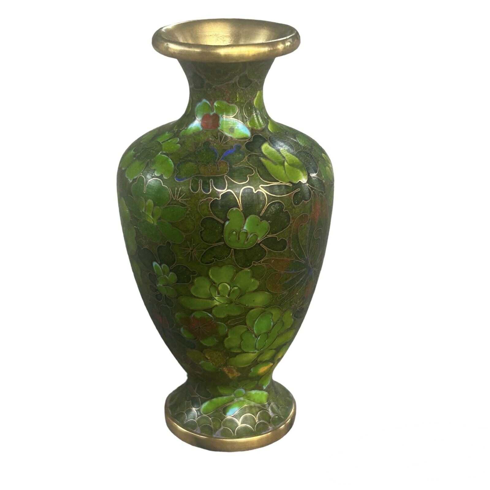 Vintage Chinese Green Multi Colored Floral Cloisonne Vase