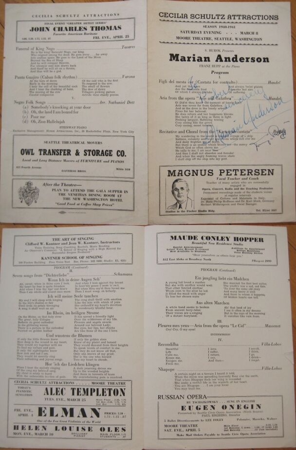 MARIAN ANDERSON & FRANZ RUPP 1941 Signed-Program / Autograph - Seattle, WA