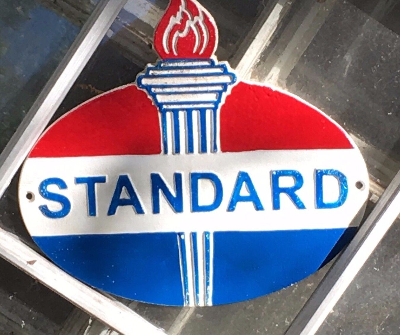 STANDARD GASOLINE OIL DEALER\'S WALL MOUNTED PLAQUE SIGN Cast Iron w Torch 10\