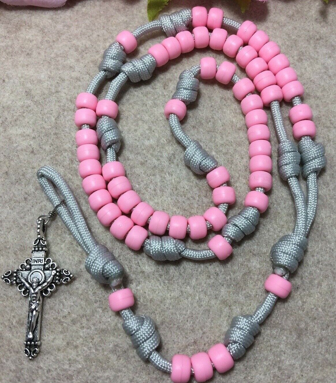 Catholic Paracord Rosary - Pink Beads Rosary - Durable Rosary - Handmade