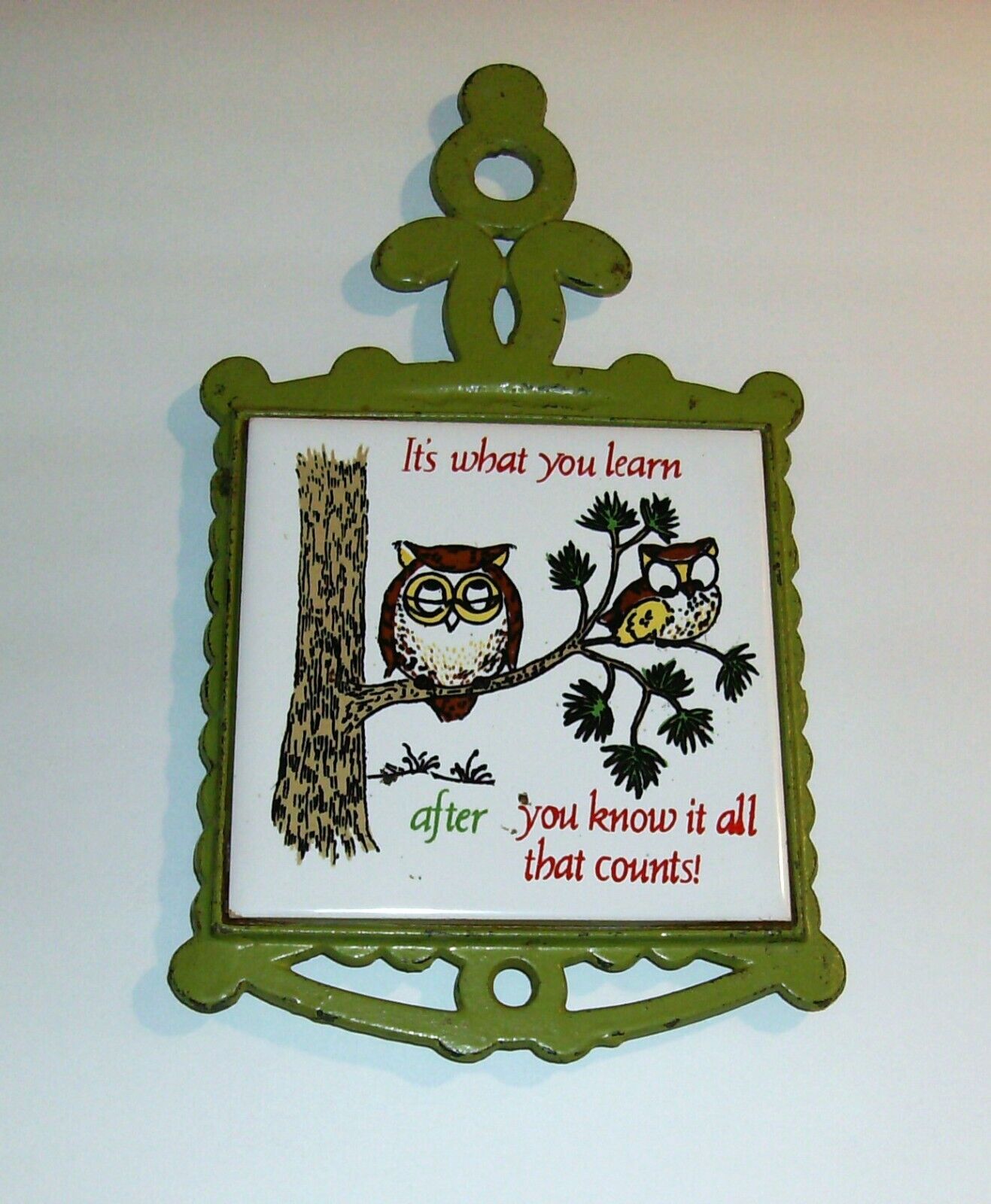 Vintage Cast Iron/Ceramic Tile Kitchen Trivet--OWLS-It\'s What you learn after...