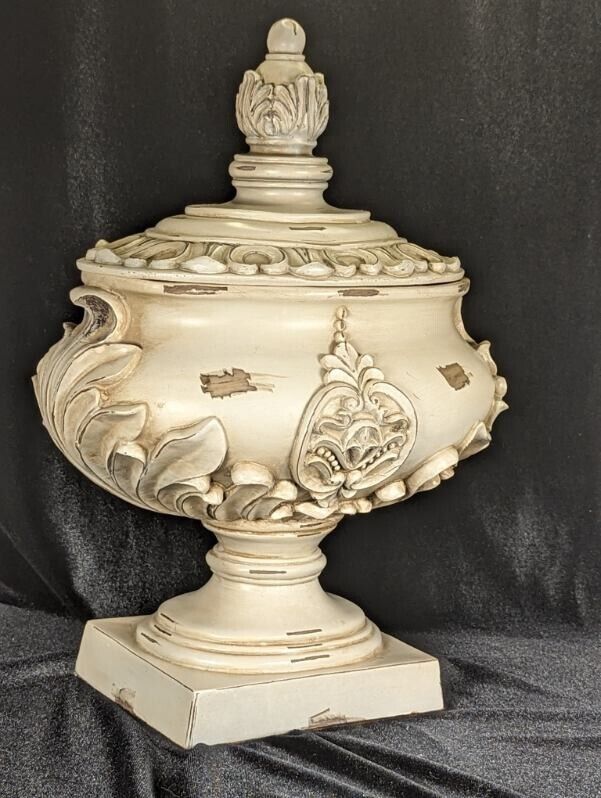 Vintage Ornate Table Urn Artistic Heavy Cream Colored Sturdy Leaves