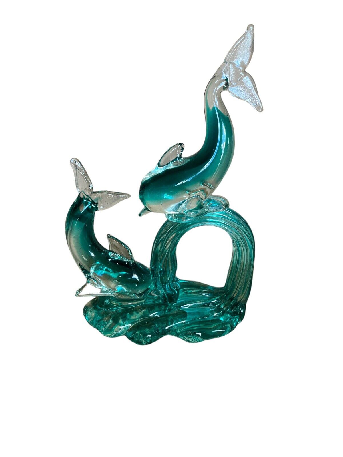 Murano Art Glass Turquoise Blue Dolphins Playing On Wave ~9” Tall