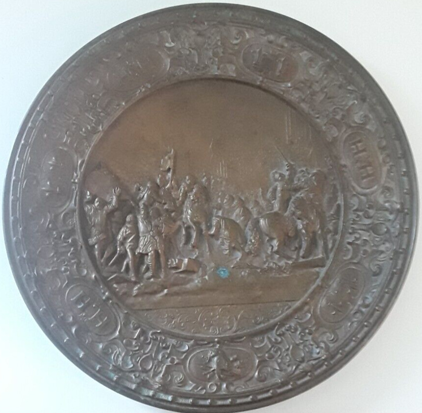 1886 Antique Henry Bonnard Bronze Co. Plate Plaque Village / Battle / Army Scene