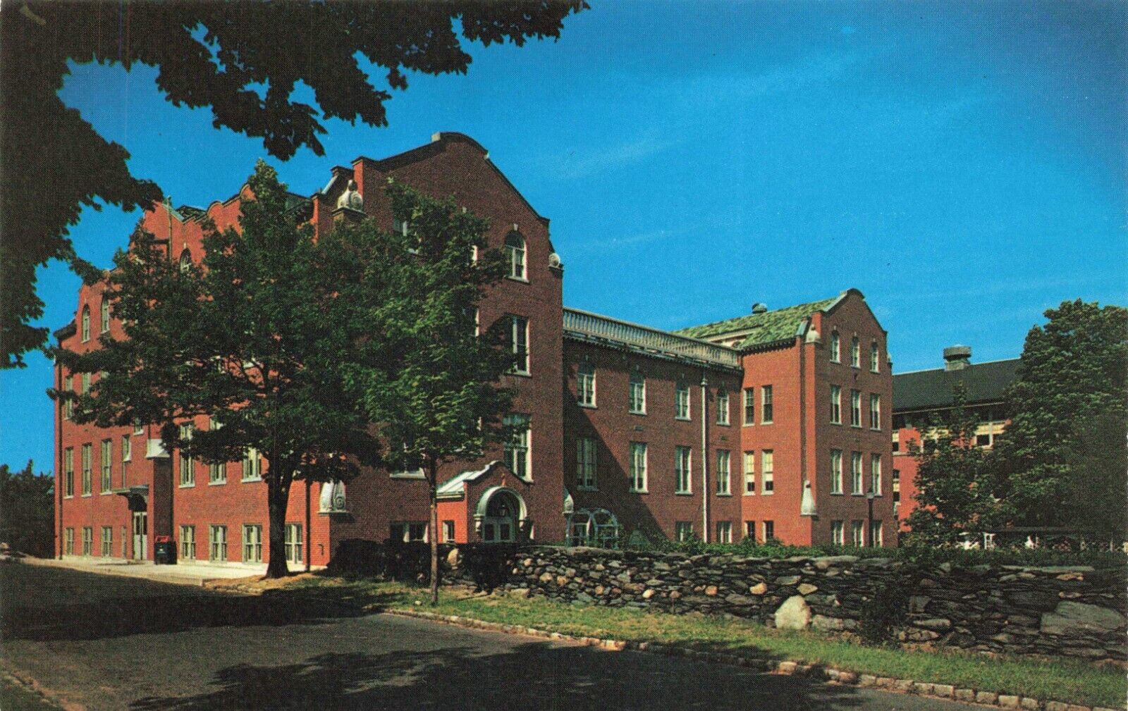 Postcard RI Providence College Campus Friars Stephen Hall Stone Wall Catholic