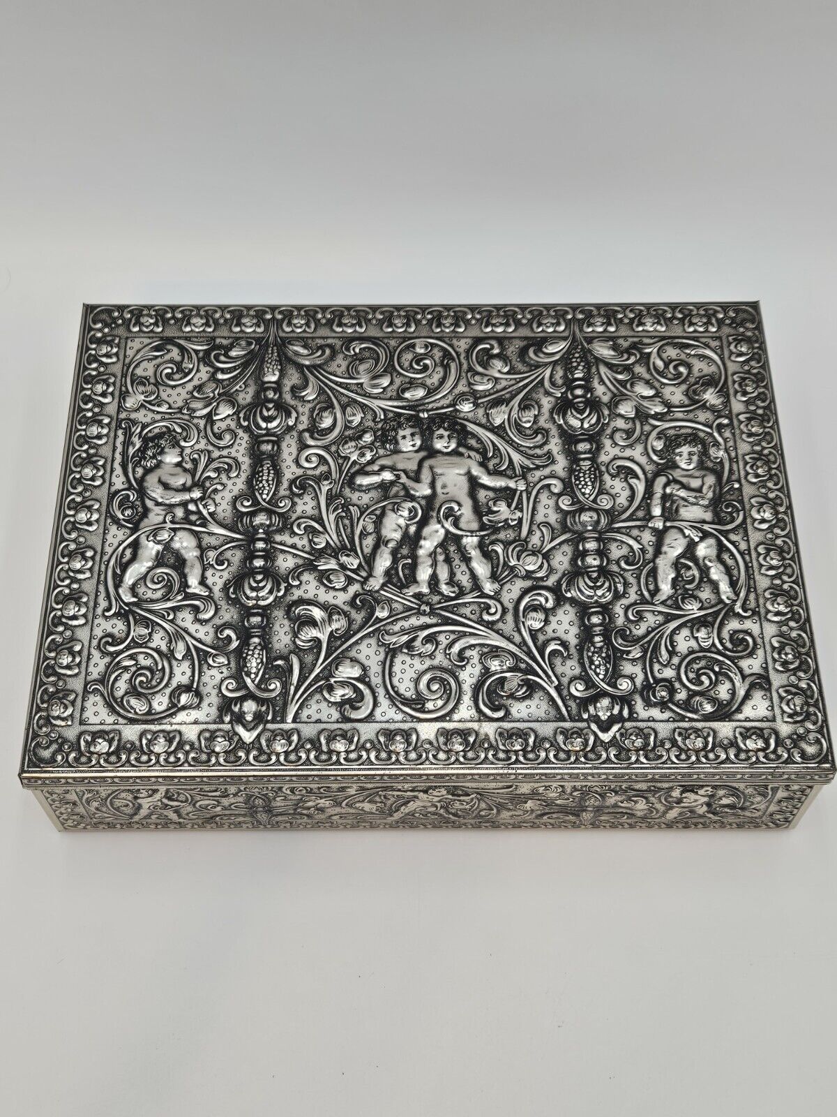 Vintage Large Silver Tin Box Embossed W/ Cherubs West Germany 12 Inch Long 