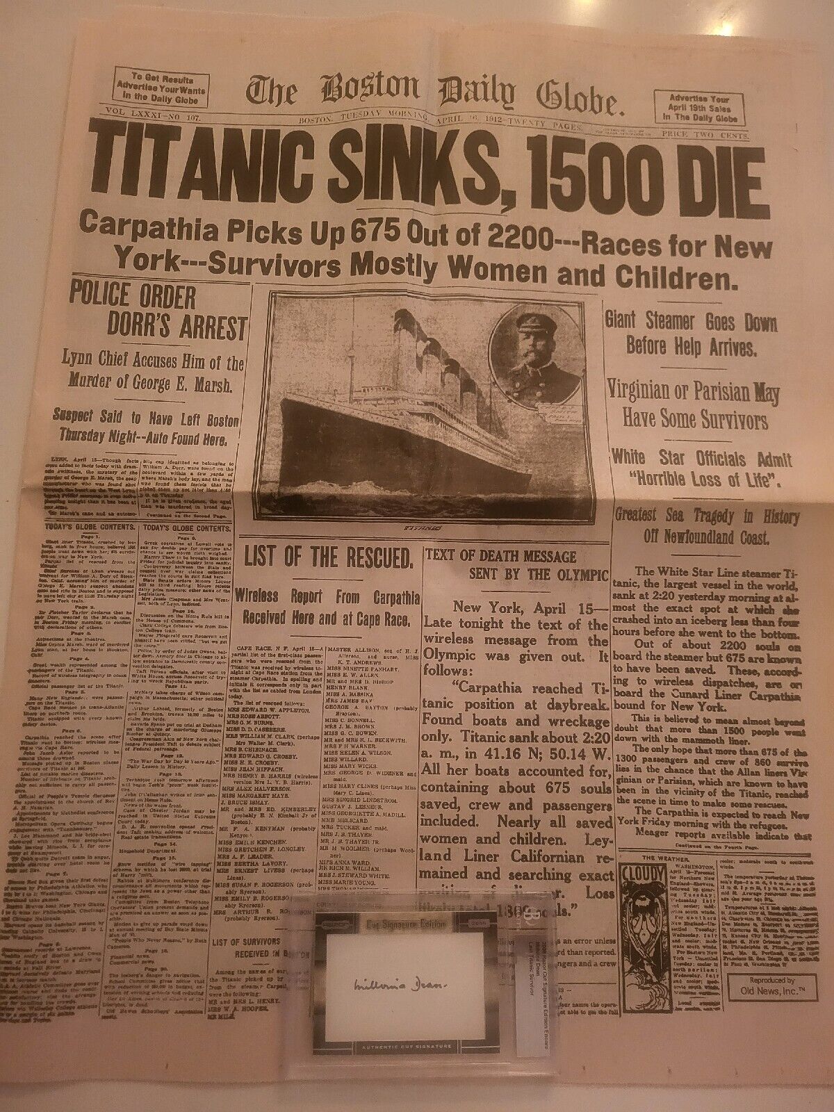 Titanic Last Survivor Autograph With Newspaper