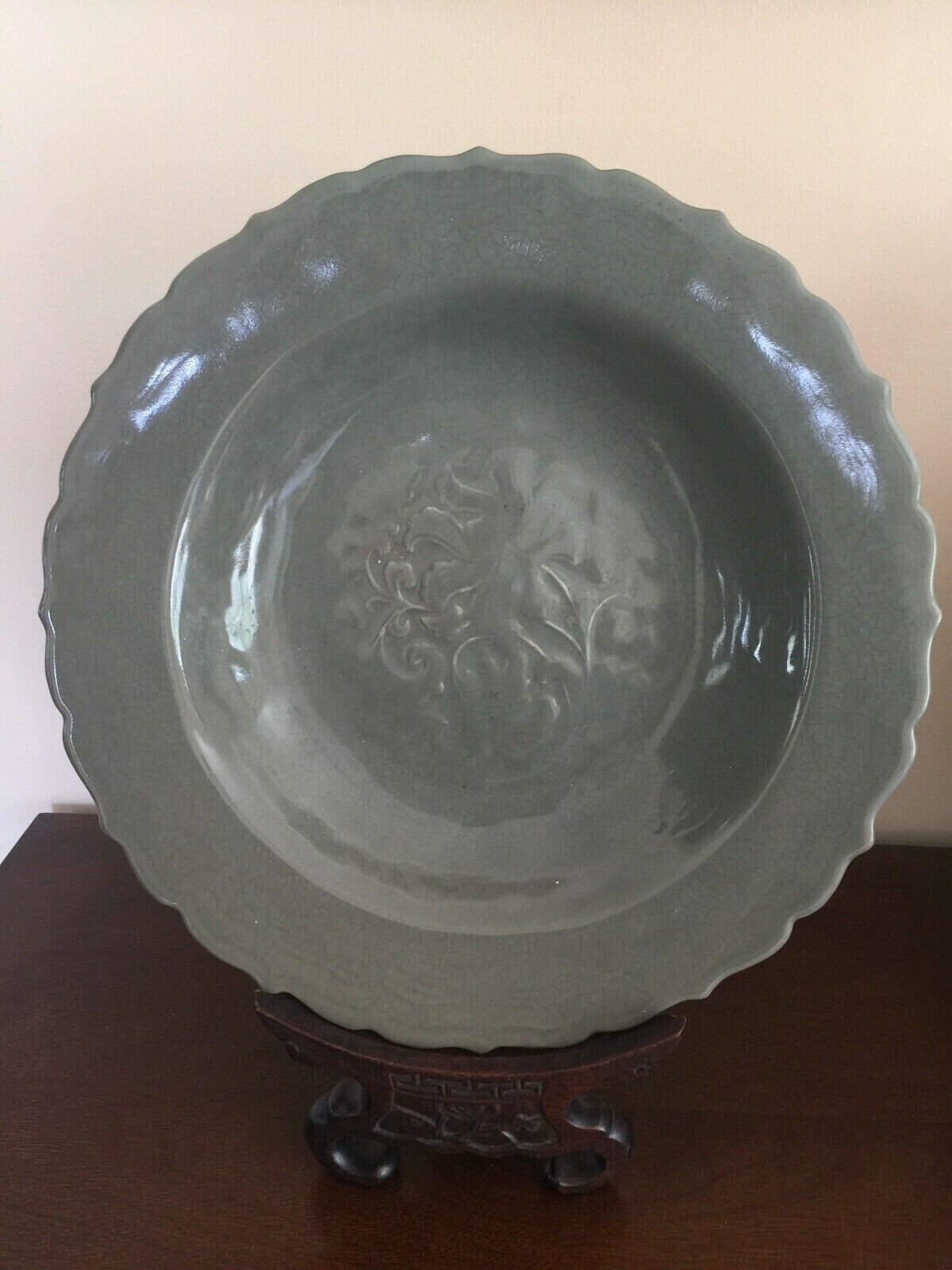 Antique Chinese Porcelain 12  Yuan Dynasty Celadon plate w/ carved wood stand