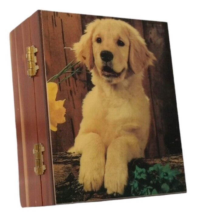 VINTAGE Golden Retriever Wooden Hinged Trinket Box Souvenir Great Smoky Mountain