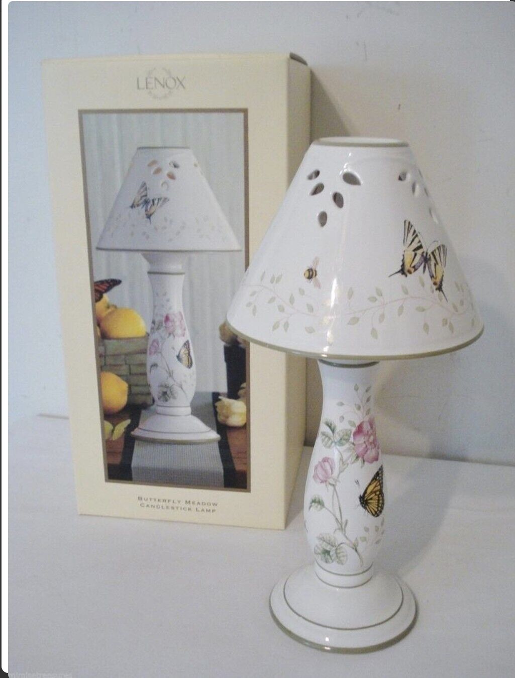 Bran New Lenox Butterfly Meadow Porcelain  Candlestick Lamp & Shade
