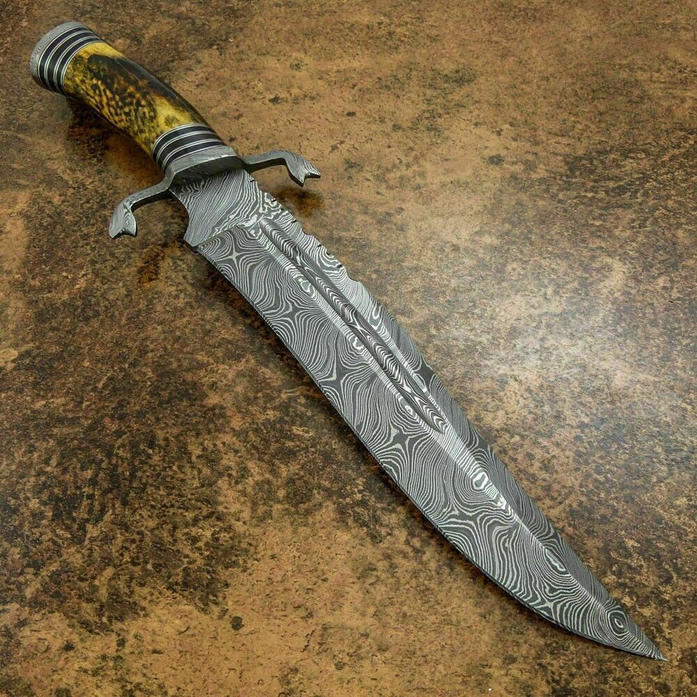 CUTTLERS HANDMADE DAMASCUS STEEL HUNTING BOWIE KNIFE WITH ANTLER HANDLE + SHEATH