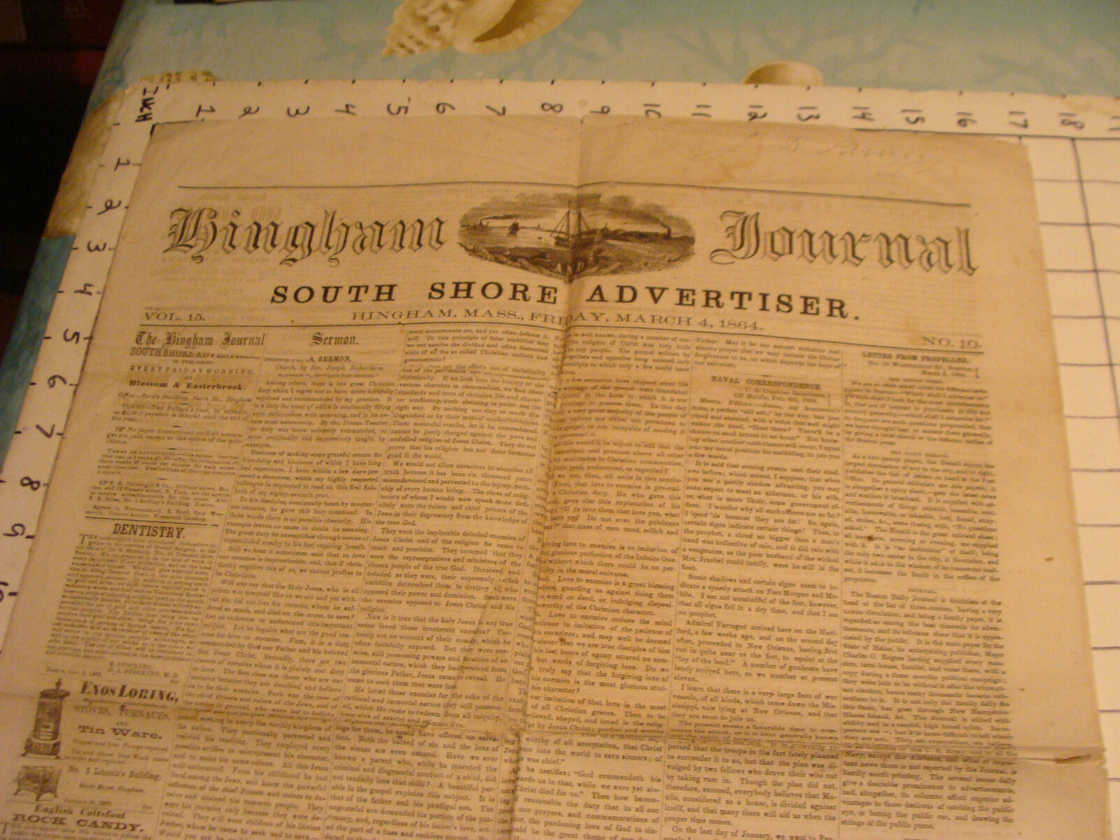 vintage paper: MARCH 4, 1864 HINGHAM JOURNAL SOUTH SHORE ADVERTISER 