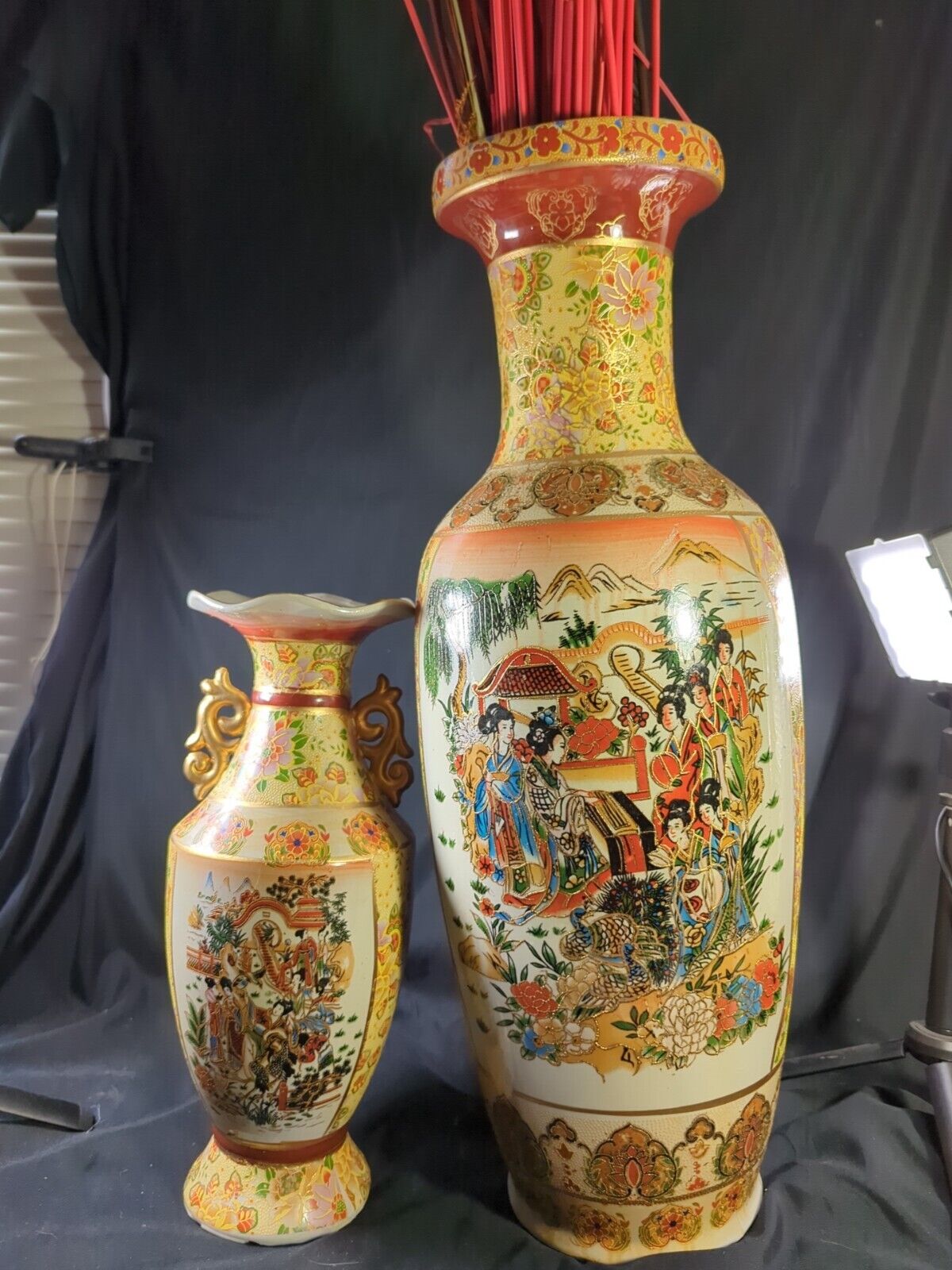 Set 2 Matching Japanese Porcelain Vases Satsuma Style with Textured Design  Vtg