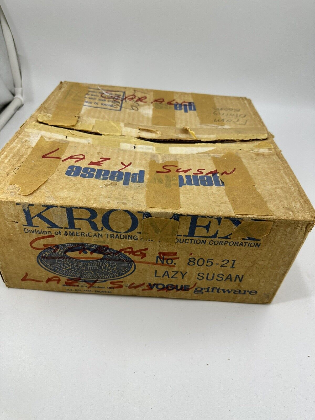 Vintage Kromex 7 pc Lazy-Susan Set Chrome Tray & Lid Brass Knob Crystal