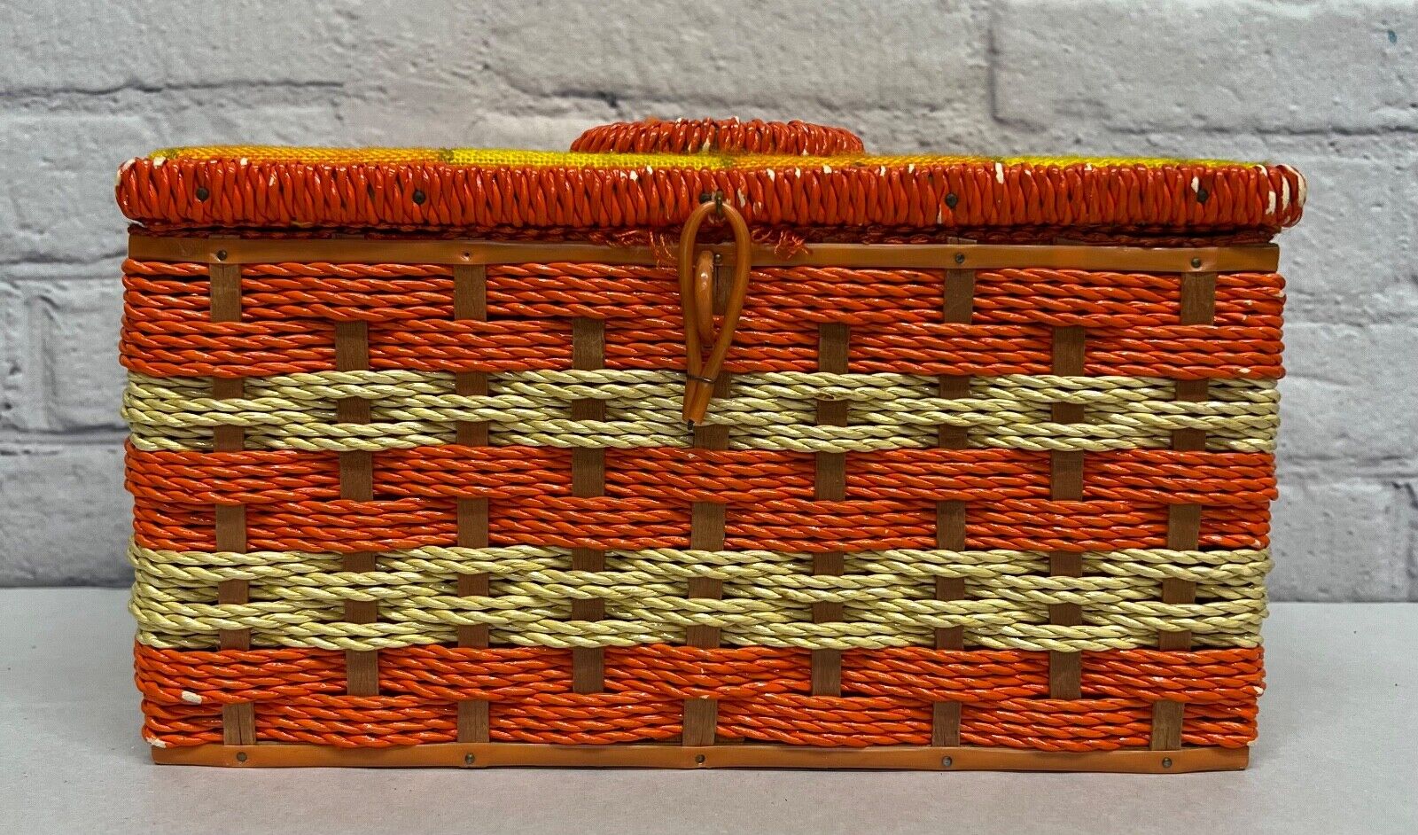 Vtg Sewing Basket Wicker Plaid Orange Yellow 1970s Retro Square Cushion Top