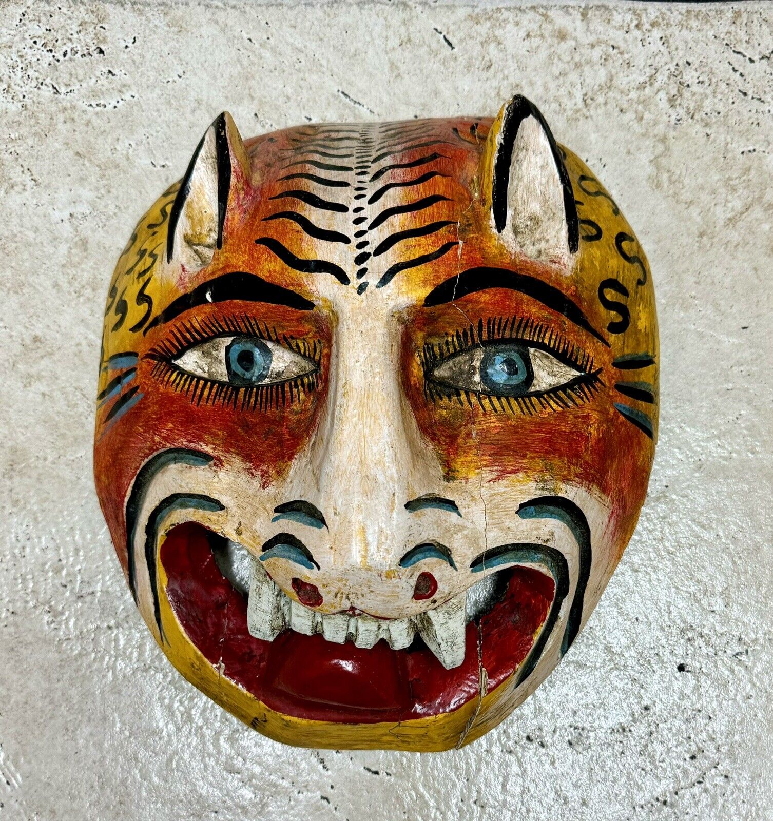 Vtg MEXICAN GUERRERO FOLK ART Atq Carved Wood Tiger Jaguar Face Mask Wall Art