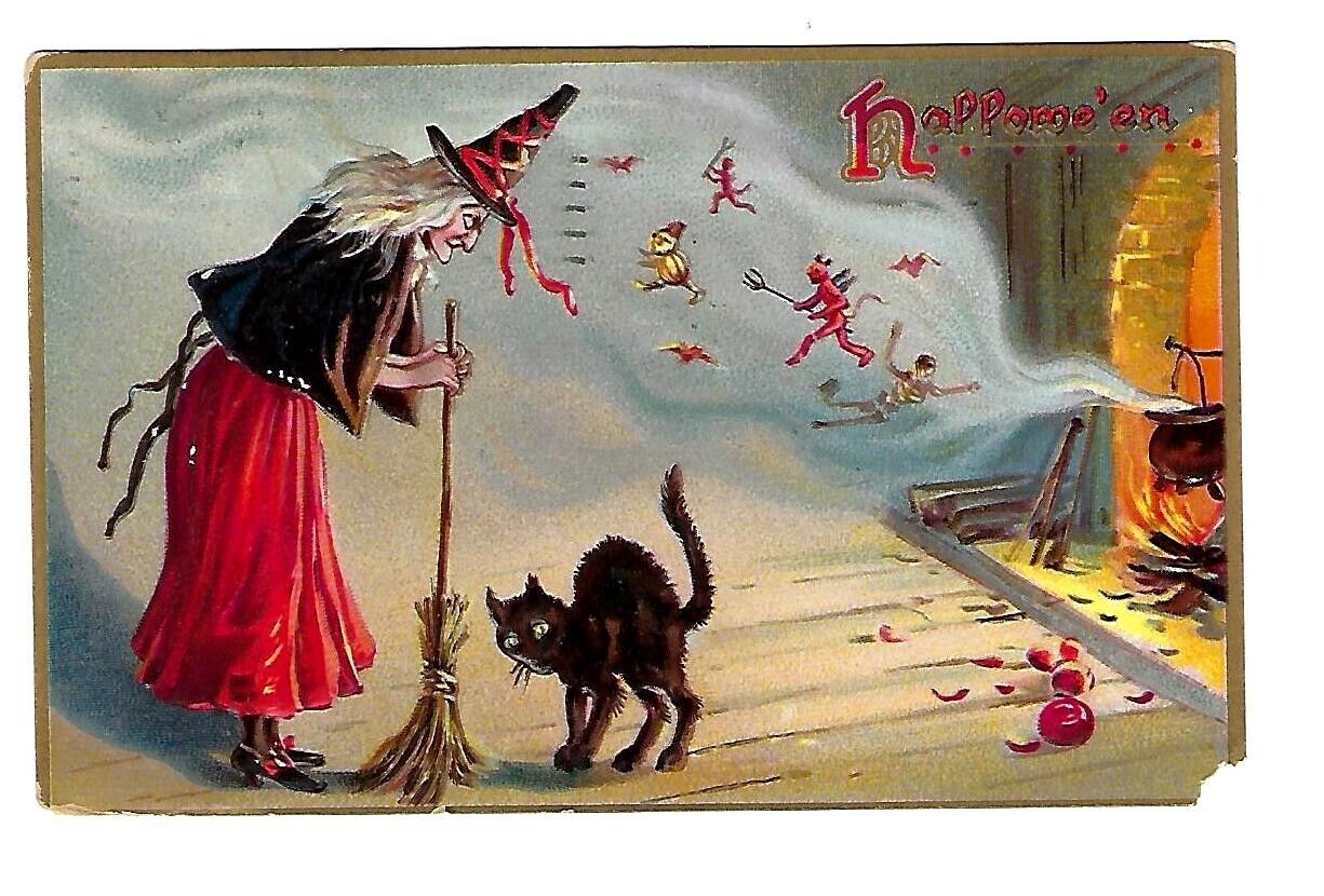 c1908 Tucks Halloween Postcard Witch Boiling Potion, Black Cat