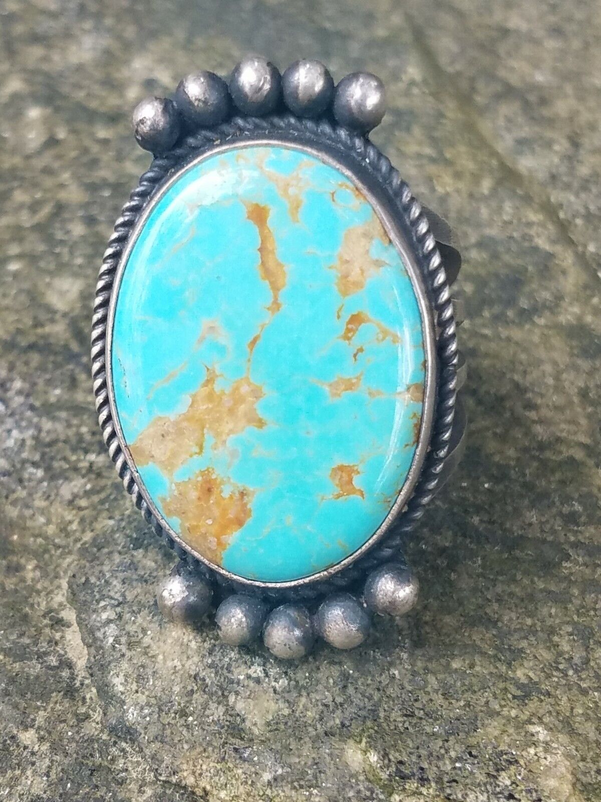 Vintage HARRY MORGAN Navajo turquoise/sterling silver ring; sz 6.5