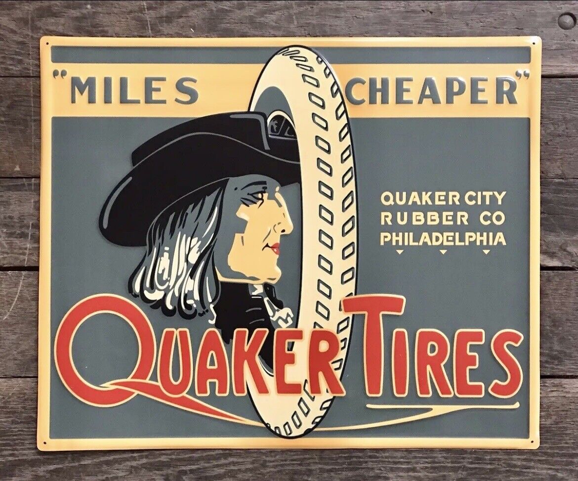 QUAKER TIRES, Phila., PA, Advertising Embossed Metal Sign, 19.5” x 23.5”