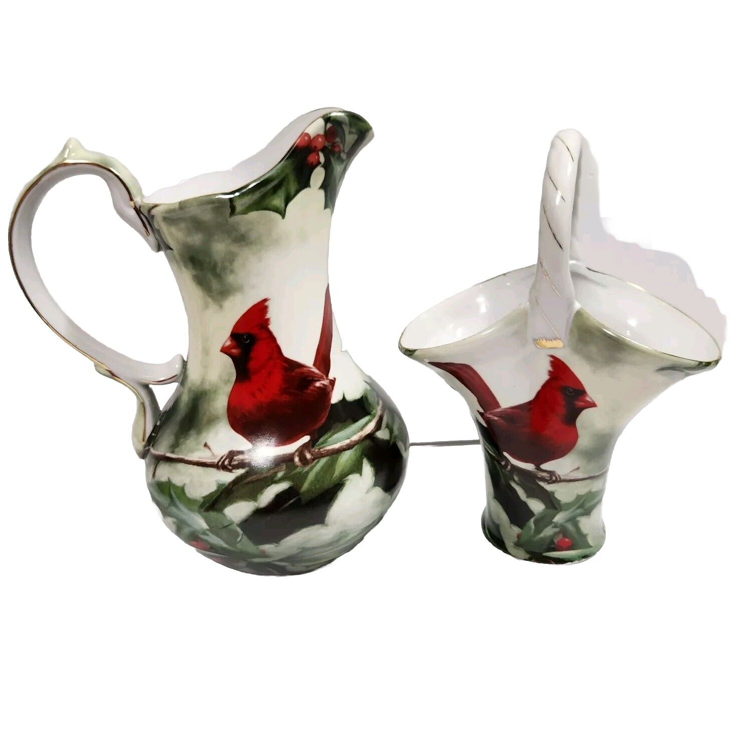 Cardinal in Holly Porcelain Pitcher & Basket Christmas Holiday Table Red Green