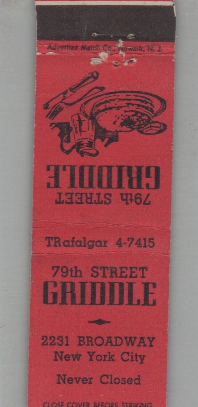 1930s Matchbook Cover Advertizit Match Co 79th St. Griddle New York, NY