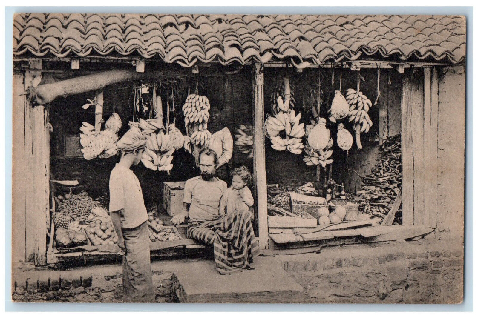 Colombo Sri Lanka Postcard Father and Daughter in Native Fruit Shop c1930's