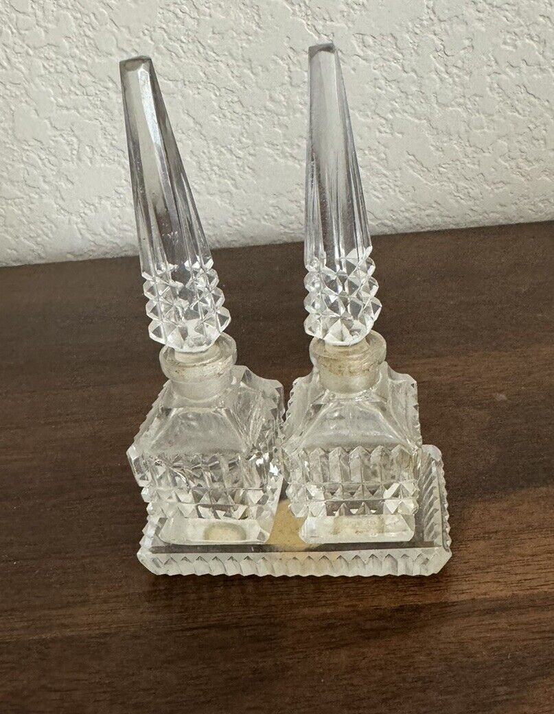Vintage Irice Clear Twin Perfume Bottles With Stopper/Dabber On Display Tray
