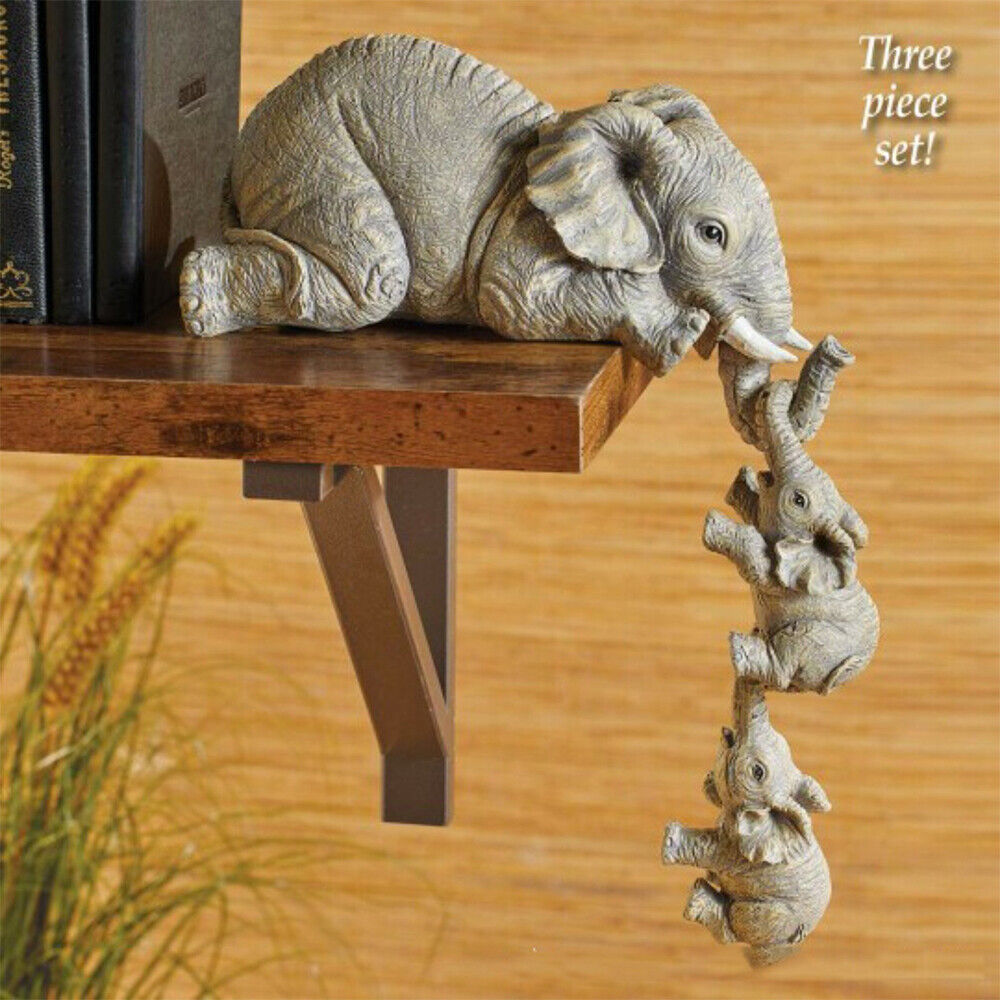 3X Resin Elephant Sitter Figurines Mother+2 Babies Hanging Off Edge US Stock