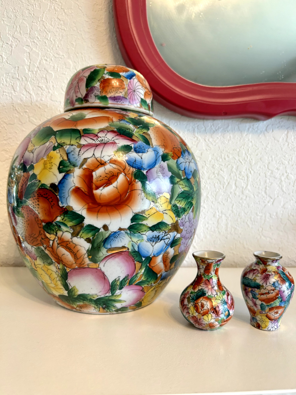 RARE Vintage Floral Ceramic Regency Ginger Jar w/ 2 BONUS matching miniatures