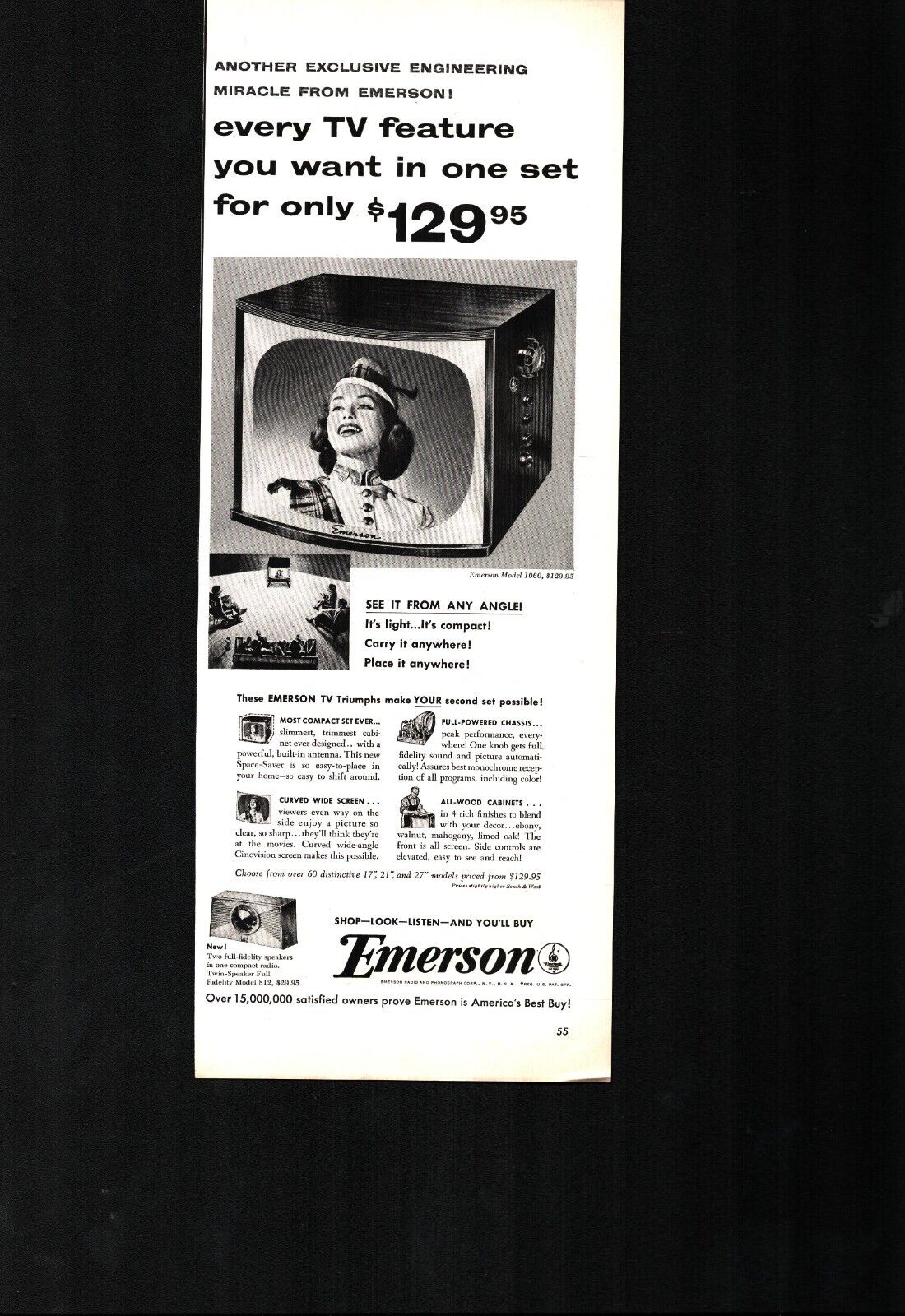 1954 Emerson Television Model 1060 Portable Engineering Miracle Vintage Print Ad