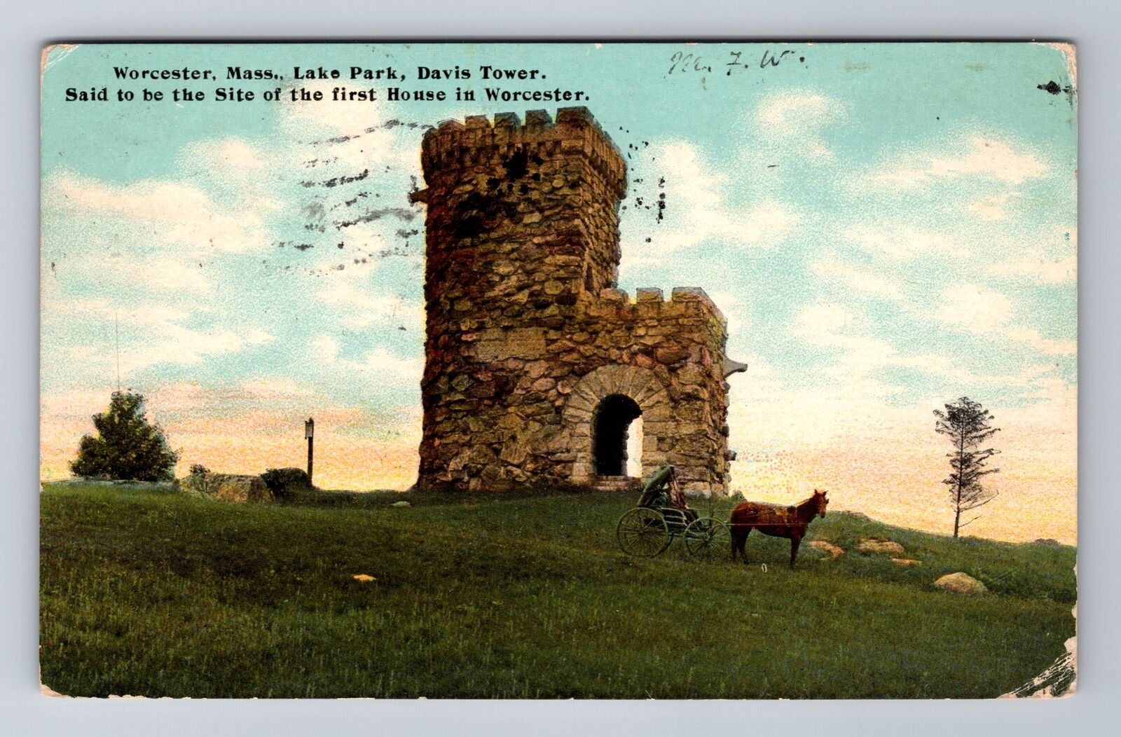 Worcester MA-Massachusetts, Davis Tower Lake Park, Vintage c1910 Postcard