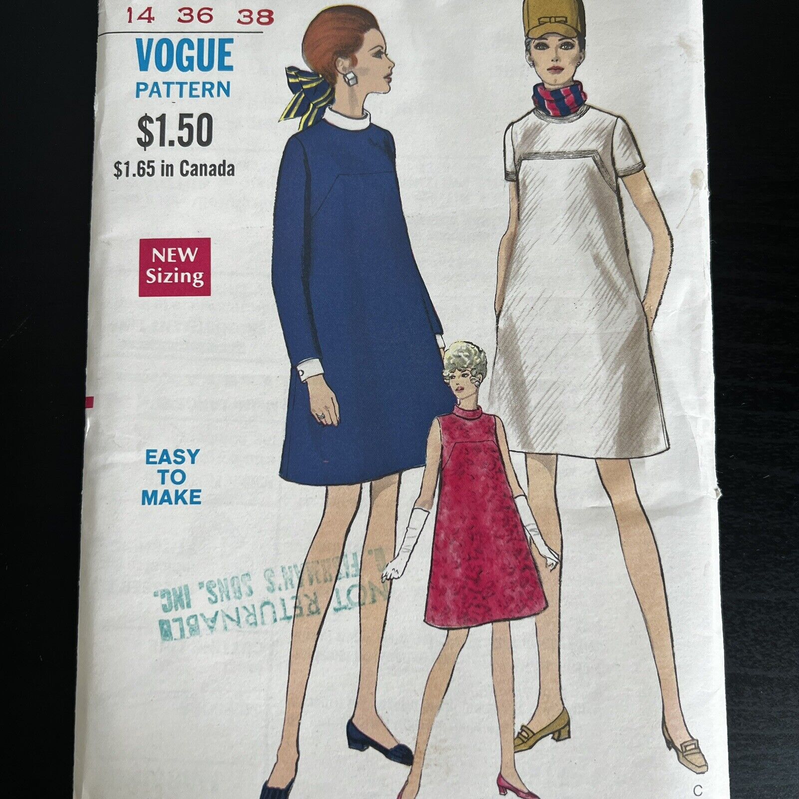 Vintage 1960s Vogue 7319 Mod A-Line Maternity Dress Sewing Pattern 14 Small CUT