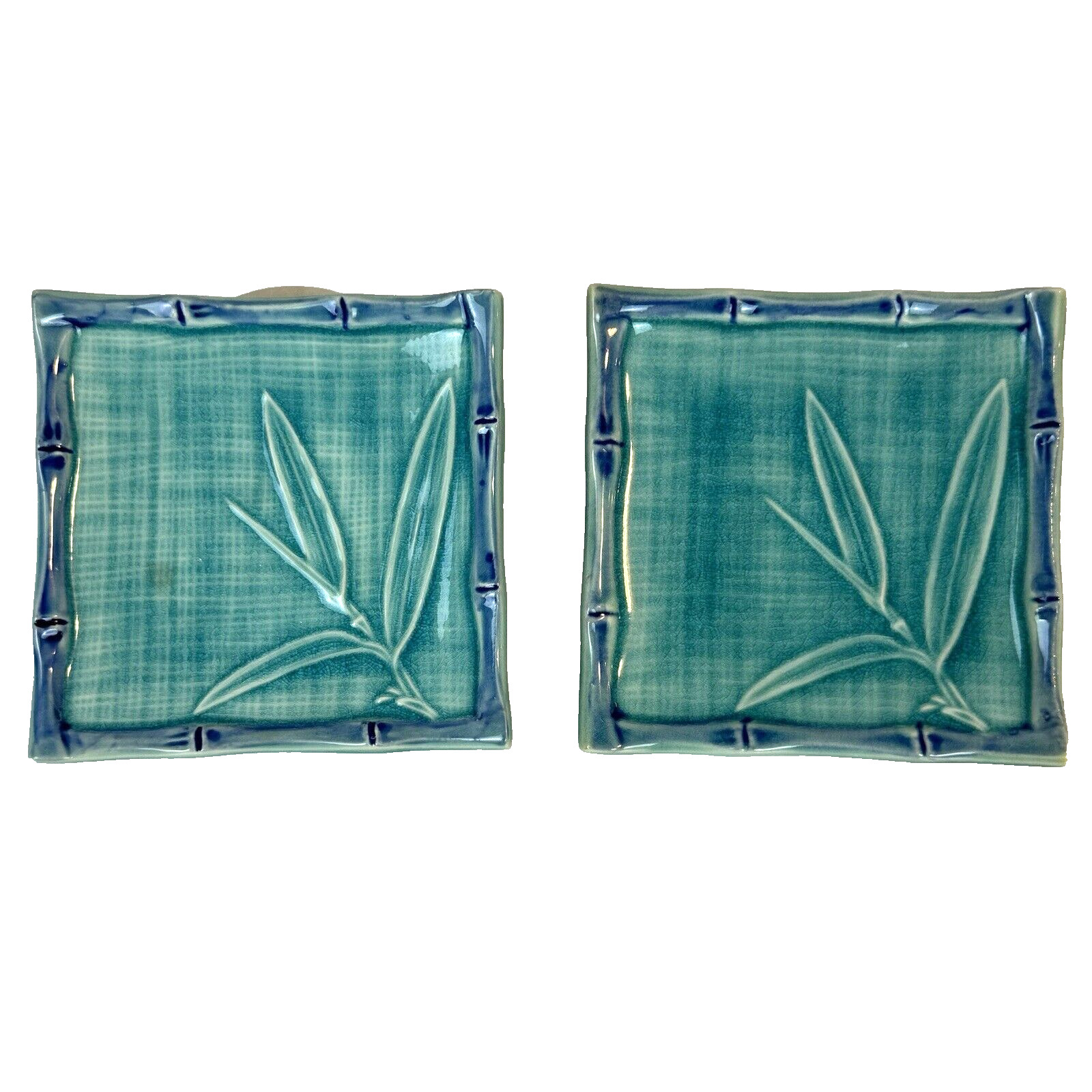 Vintage Teal & Blue Ceramic Curved Tile Trinket Trays Set of 2 MCM Bamboo