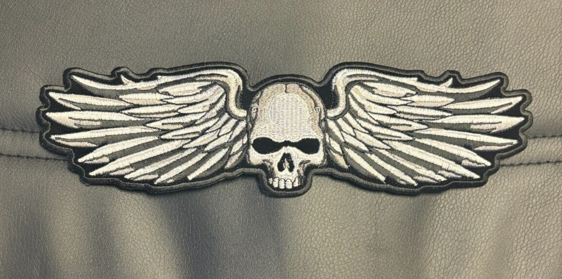 LARGE SKULL WITH WINGS BACK BIKER PATCH IRON ON 11X3 INCH