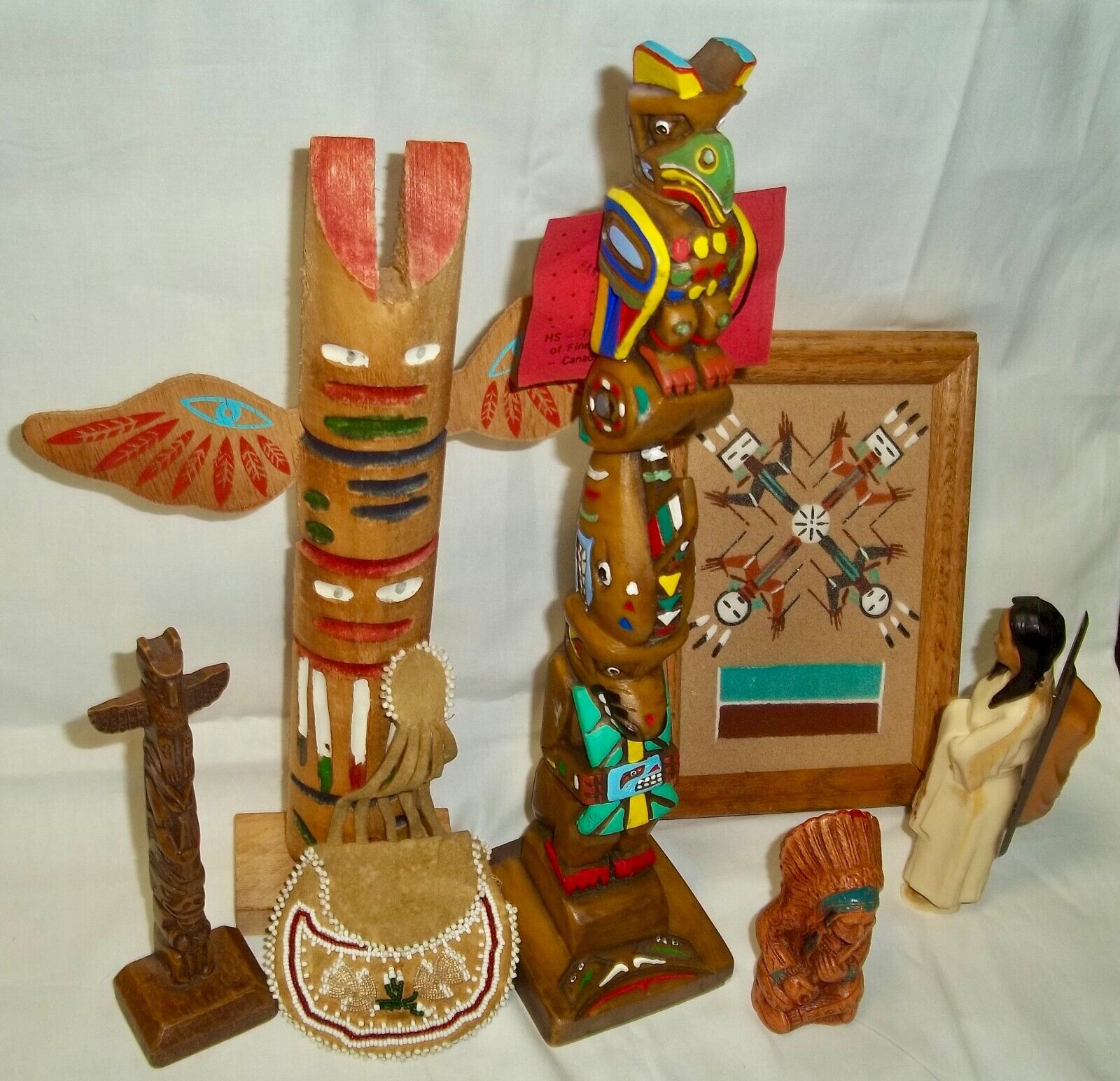 Vintage Lot of 7 Native American Collectibles •Framed Sand Art • Leather• Totems