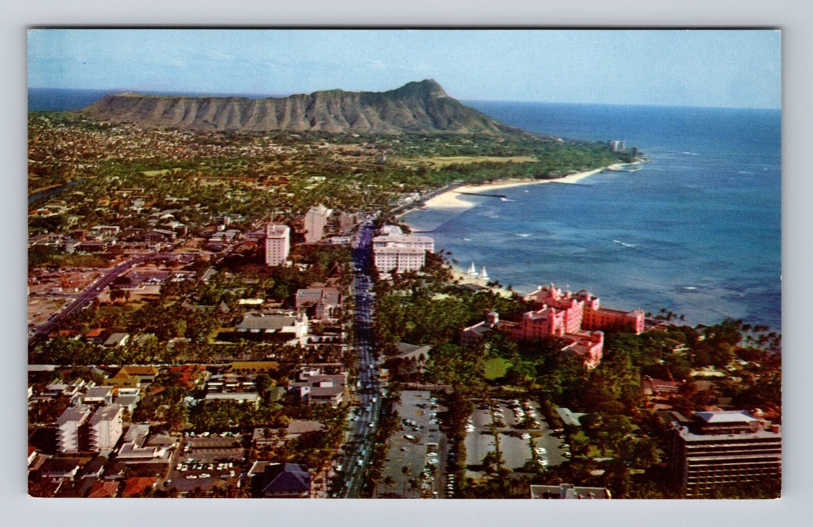Waikiki HI-Hawaii, Aerial of Kalakaua Ave, Diamond Head Vintage Postcard