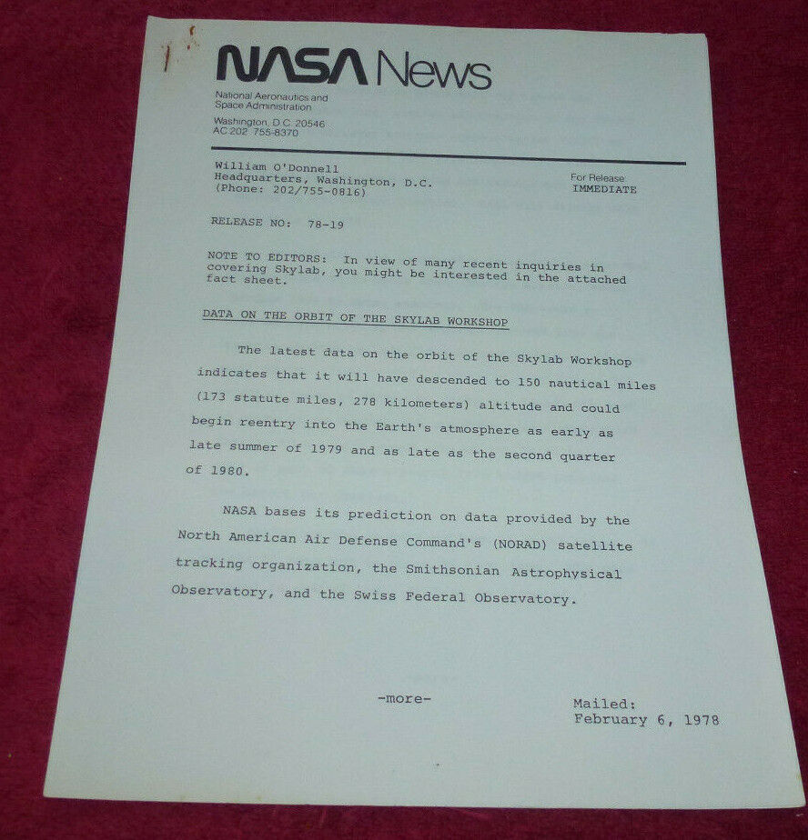 NASA News 1978 Data On Orbit of Skylab Workshop