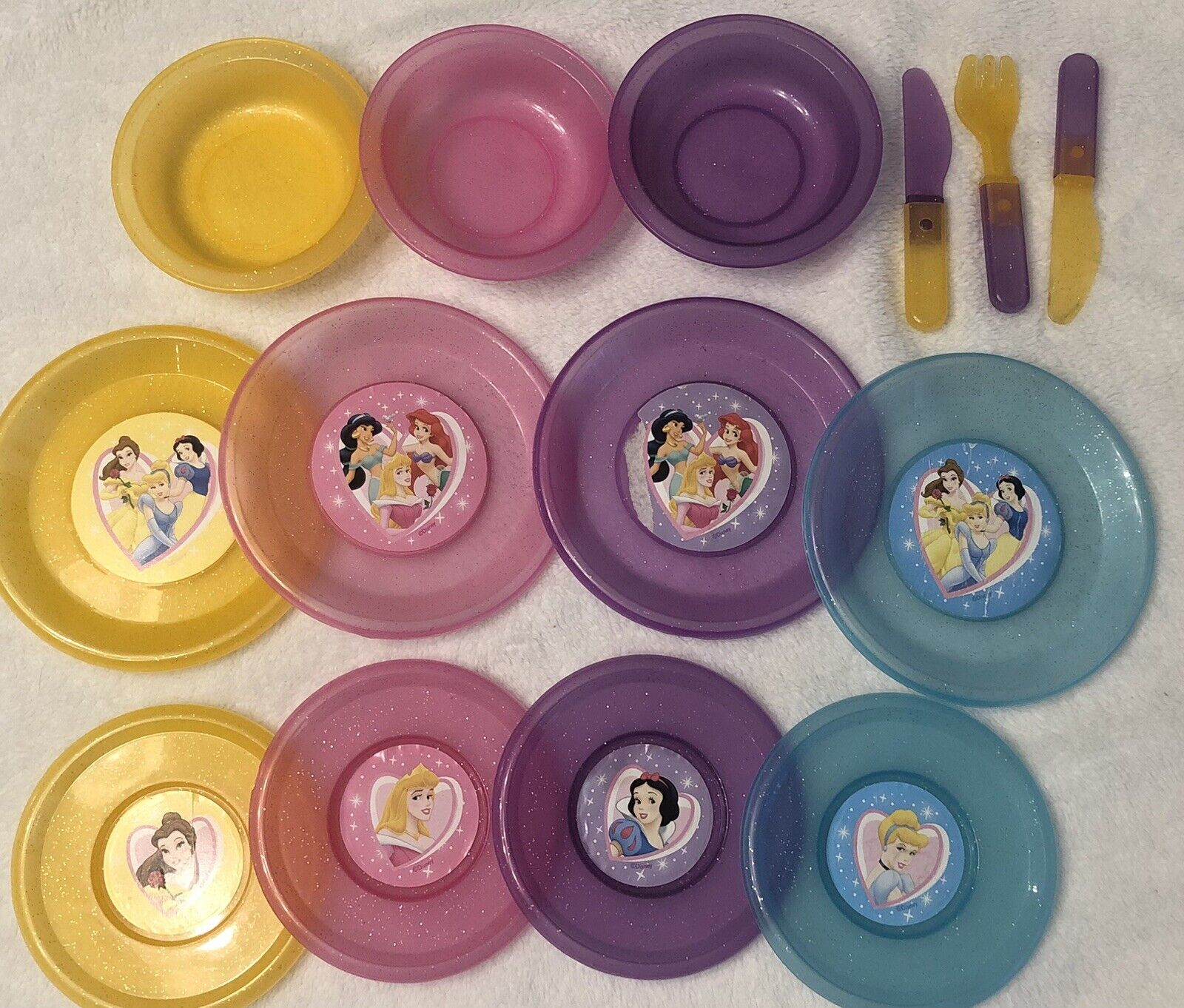 Disney Princess Glitter Toy Play Dishes LOT of 12 (Plates Bowls) early 2000s