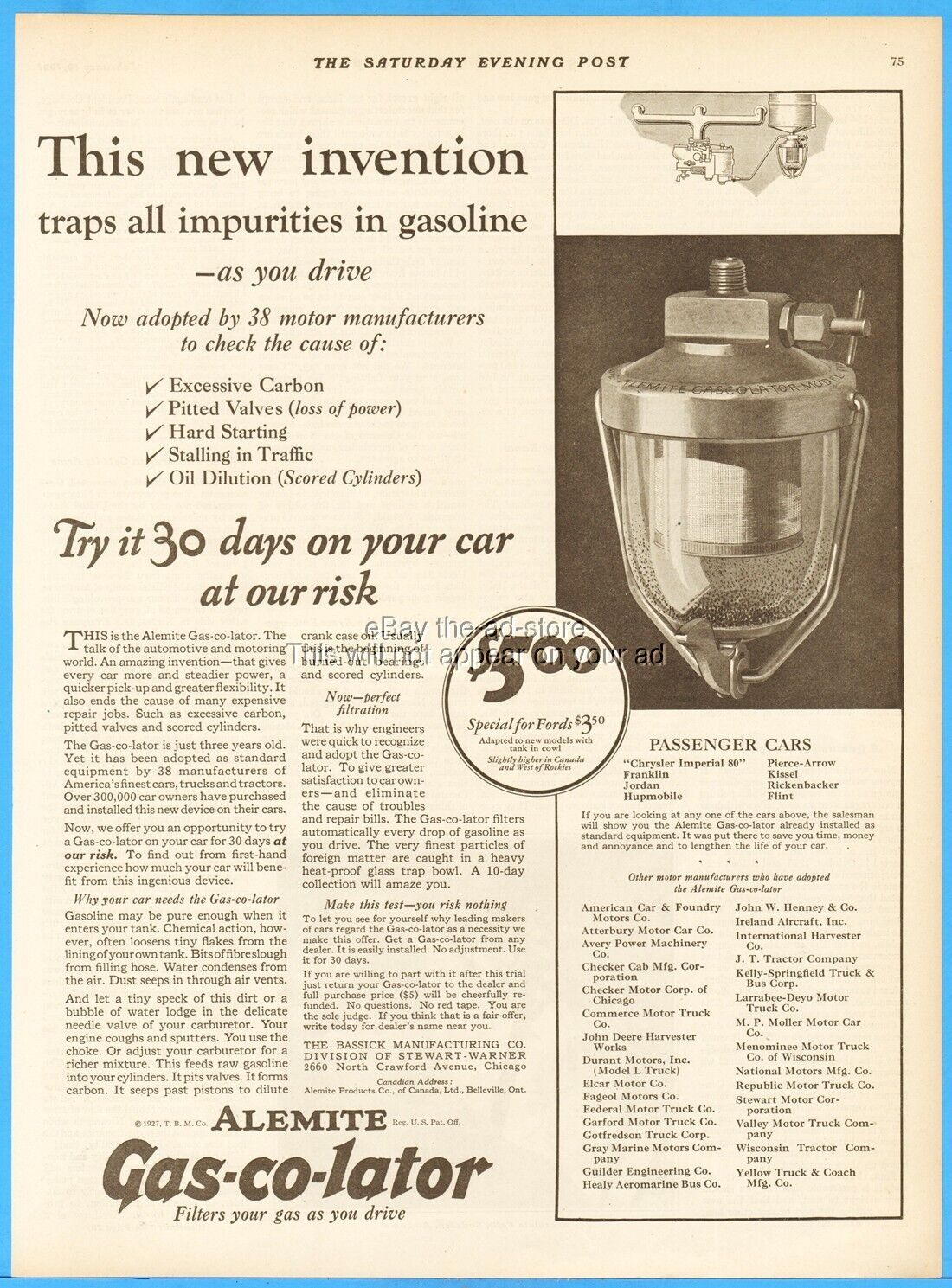 1927 Alemite Bassick Mfg Chicago IL Gascolator Antique Car Gas Fuel Filter Ad
