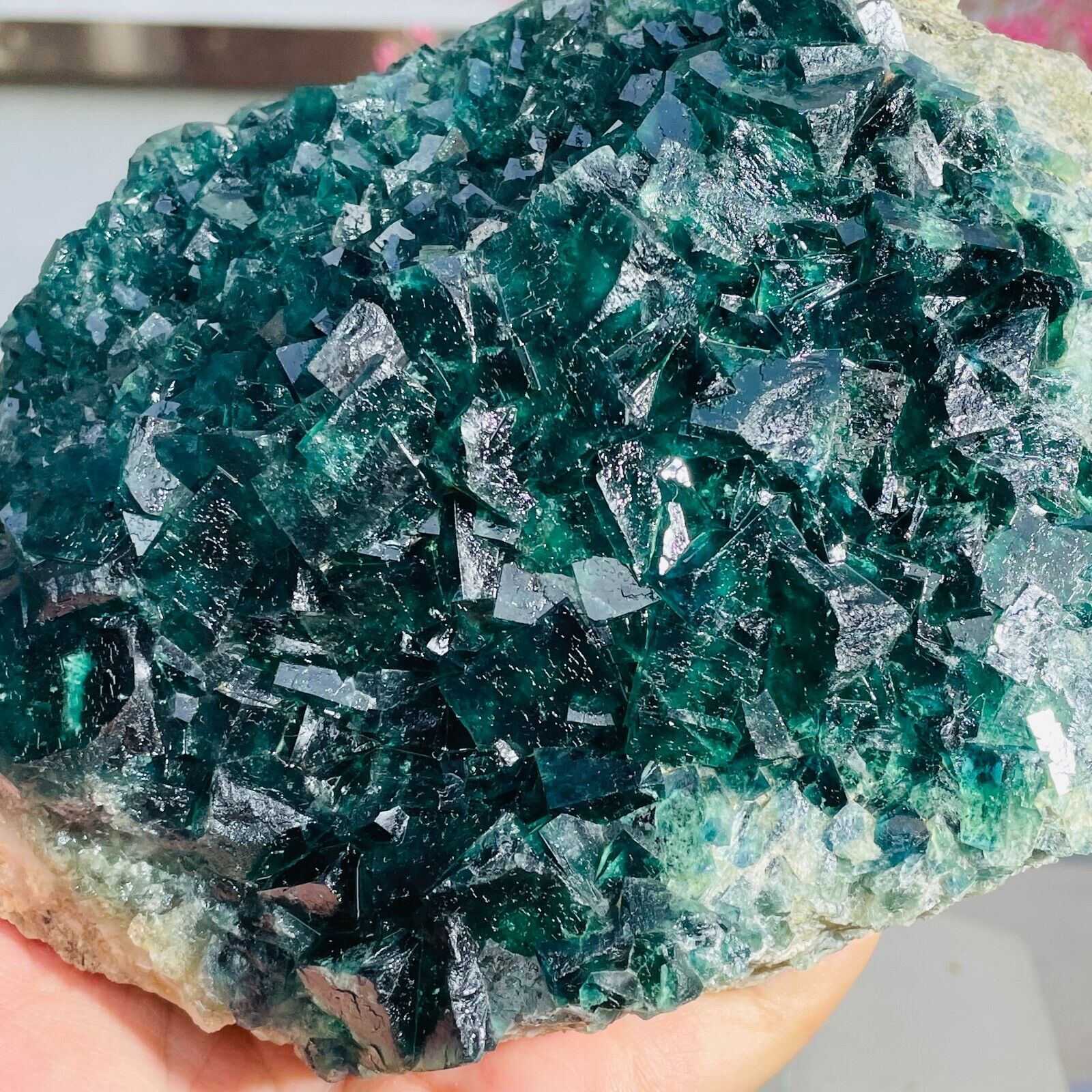 1816g Large Dark Green Cube Fluorite Quartz Crystal Cluster Specimen Healing