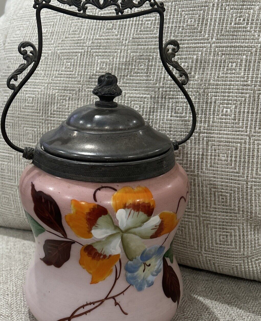 Biscuit Jar w/Silver Plated Lid & Handle, Hand Painted Antique Austrian