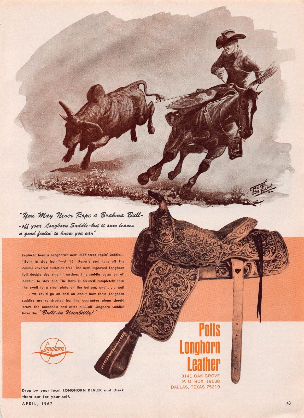 Potts Longhorn Saddle Chuck DeHaan Drawing Art Horse Cowboy Western Vtg Print Ad