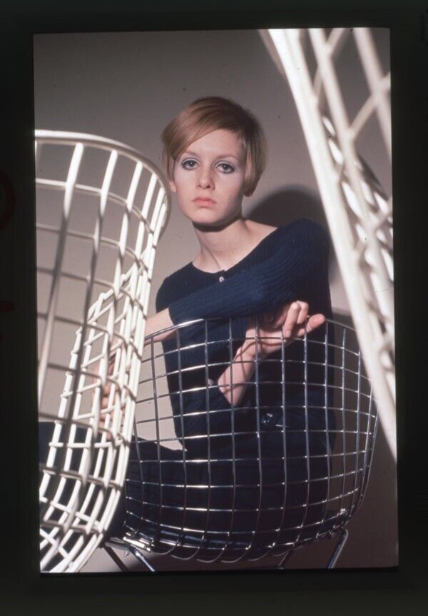 Twiggy 1960\'s Modeling Fashion Shoot MCM Bertoia Chair Photo Agency Transparency