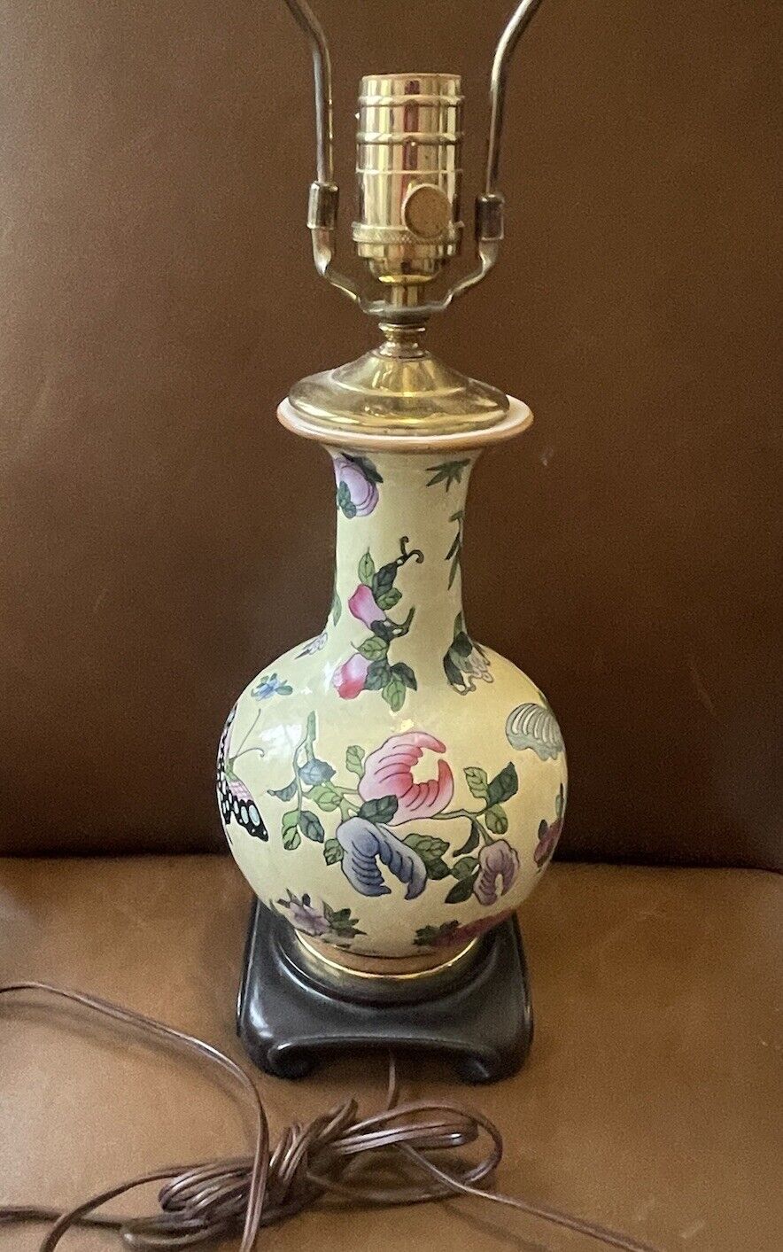 Vintage Oriental Chinoiserie Table Lamp; Yellow With Butterflies And Flowers