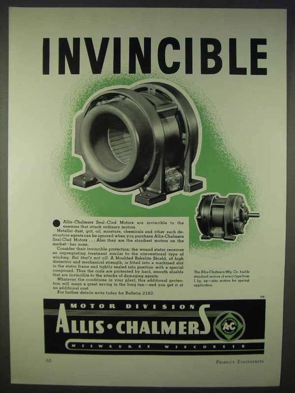1938 Allis-Chalmers Seal-Clad Motors Ad - Invincible