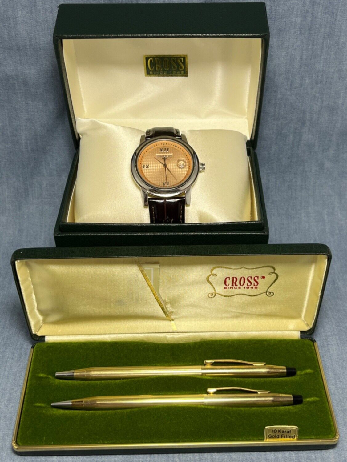 Cross 10K Gold Pen & Pencil & Men’s Rose Gold Watch w/leather band & boxes