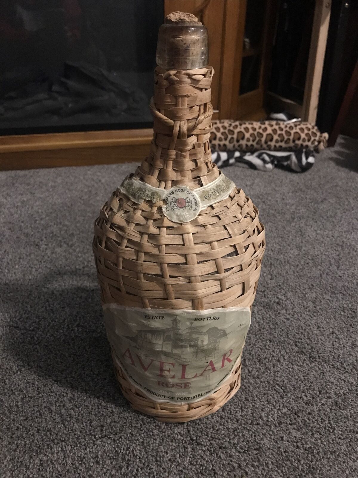 Vintage Wicker Covered Clear Wine Bottle with Rattan Handle Avelar Rose