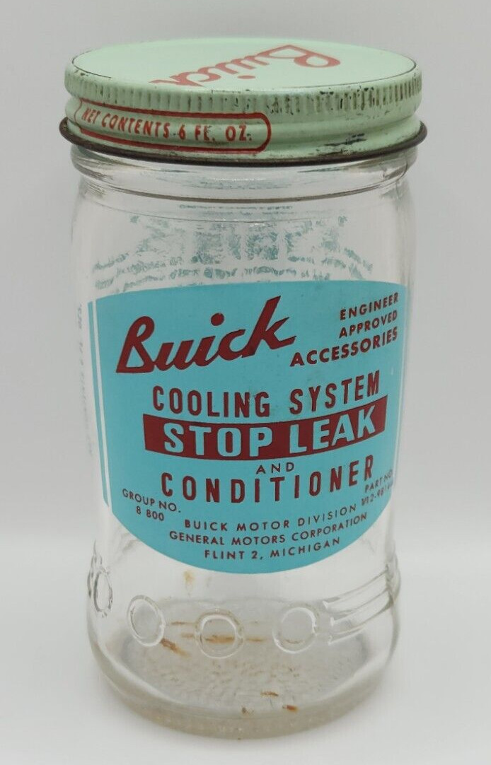 Vintage Buick Cooling System Stop Leak Empty Glass Jar General Motors GM Auto